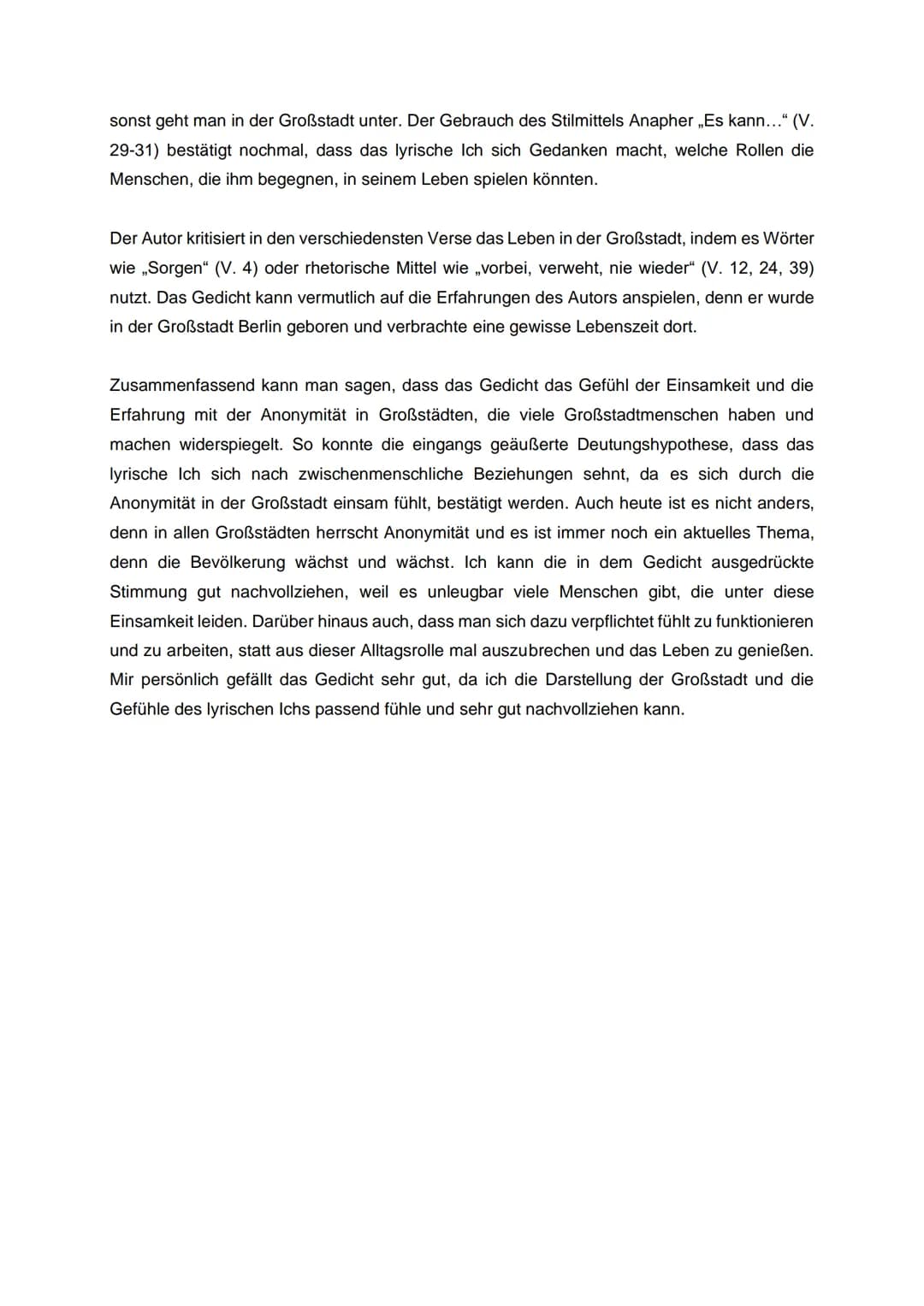 Gedichtanalyse zu ,,Augen in der Großstadt"
In dem Gedicht Augen in der Großstadt" von Kurt Tucholsky, erstmals im Jahre 1932
veröffentlicht
