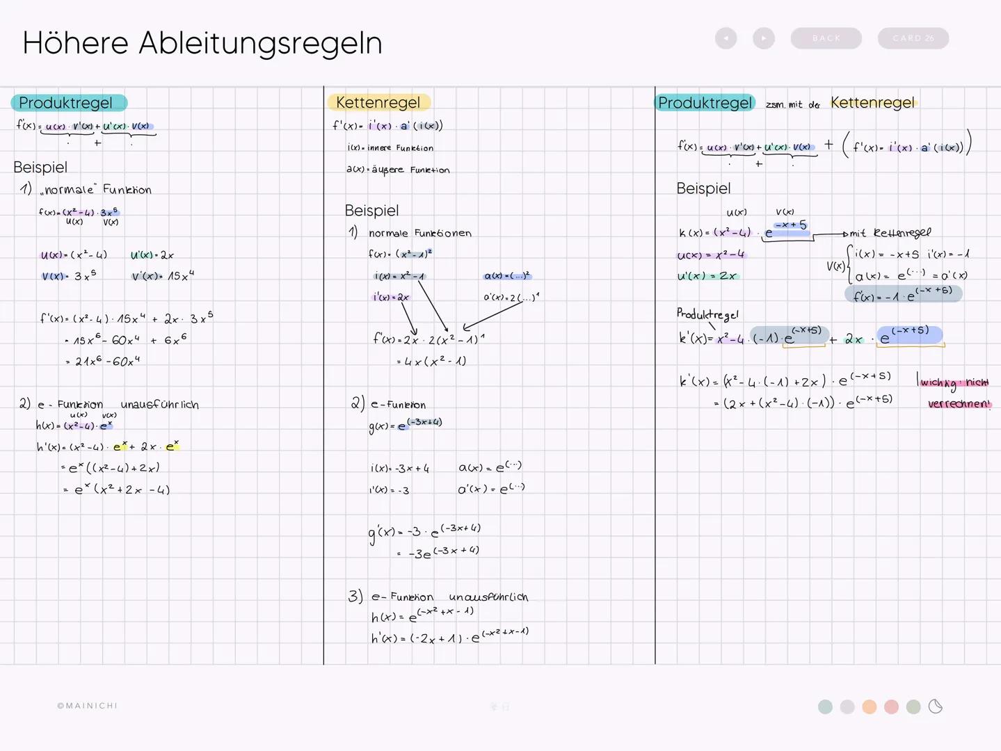 # Höhere Ableitungsregeln

Produktregel
f'(x) = u(x) v'(x) + U'(x). V(x)
+
Beispiel

1) normale Funktion
f(x)=(x²-4).3x5
u(x)
V(x)

u(x)=(x²