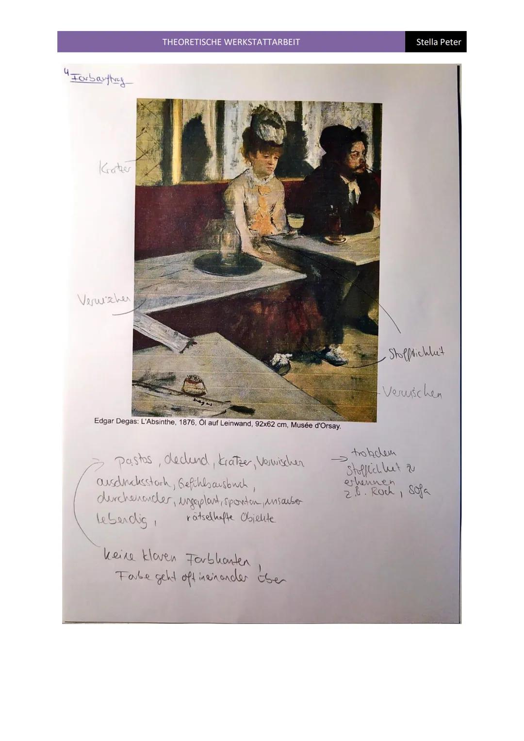 THEORETISCHE WERKSTATTARBEIT
Stella Peter
Das Gemälde ,,L'Absinthe" wurde von Edgar Degas mit Öl auf Leinwand gemalt und stammt aus dem
Jahr