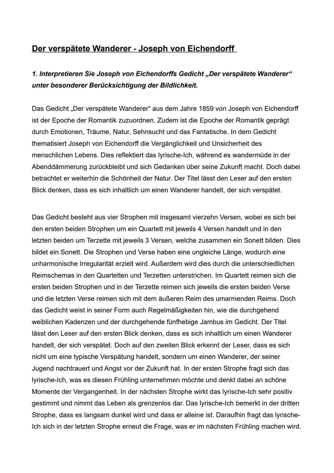 Der verspätete Wanderer - Joseph von Eichendorff
1. Interpretieren Sie Joseph von Eichendorffs Gedicht ,,Der verspätete Wanderer"
unter beso