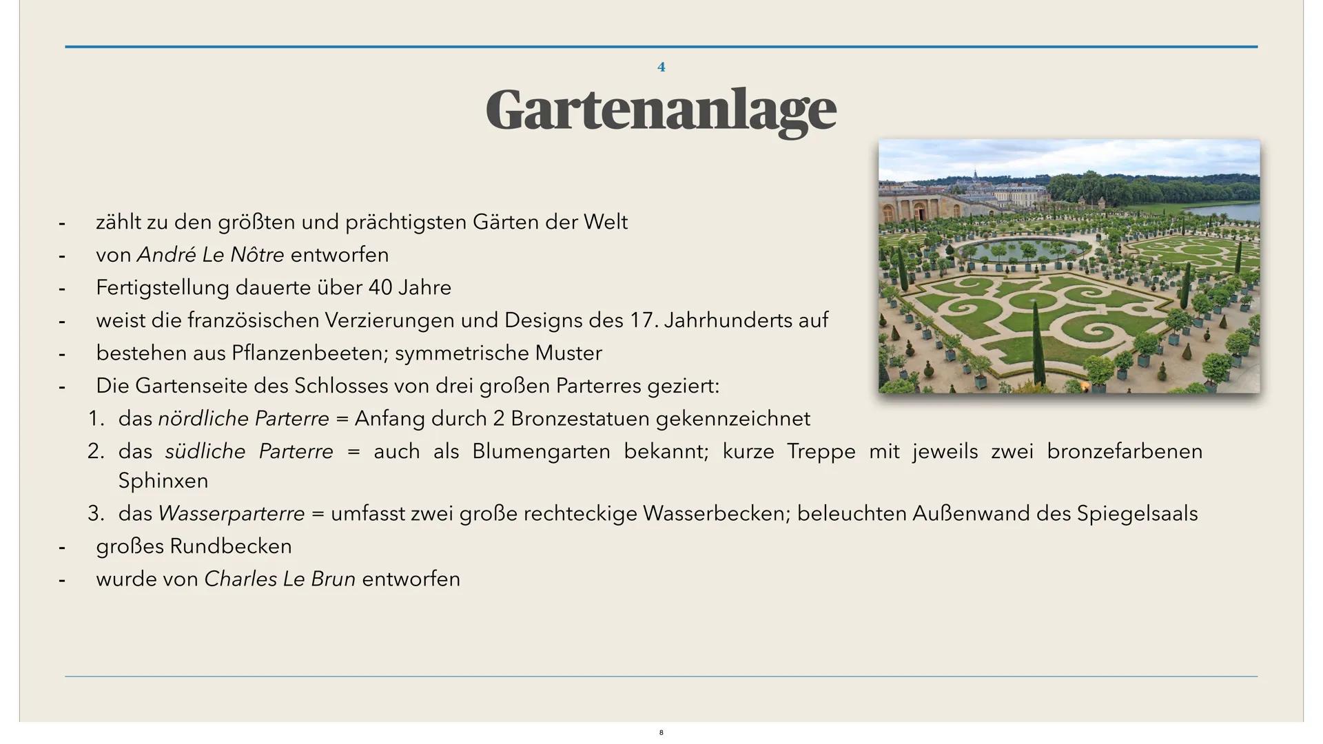 103000
424
in
Schloss Versailles
FLORE 1. Allgemeine Informationen
2. Baustil: Französische Barockarchitektur
3. Vorgeschichte / Zweck
4. Ga