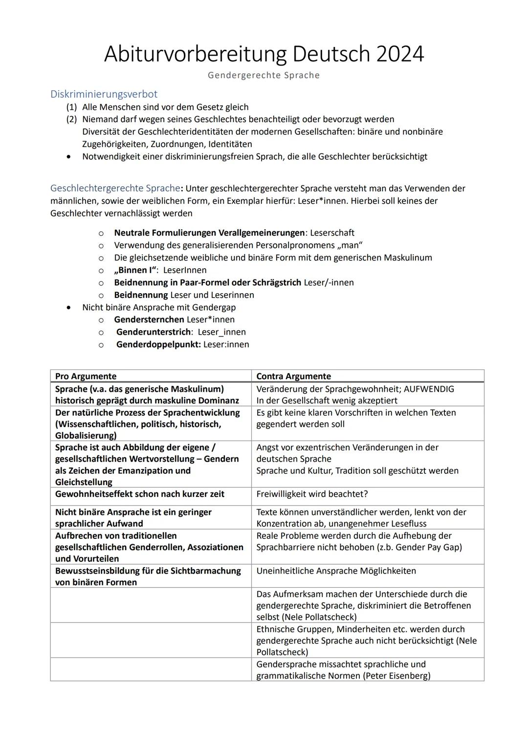 # Abiturvorbereitung Deutsch 2024

Diskriminierungsverbot
Gendergerechte Sprache

(1) Alle Menschen sind vor dem Gesetz gleich

(2) Niemand 