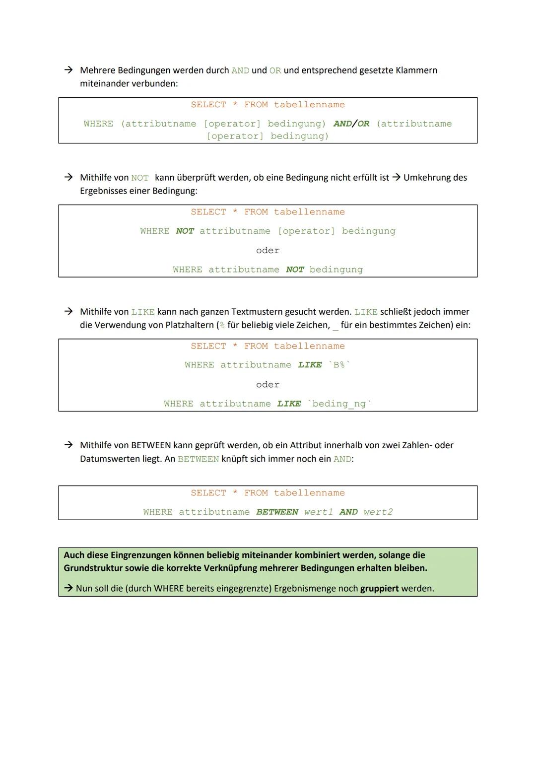 SQL-Datenbankabfragen
ZUSAMMENFASSUNG
Grundlagen
Eine Datenbank ist eine Ansammlung von großen Datenmengen. Abfragen dienen dazu, bestimmte
