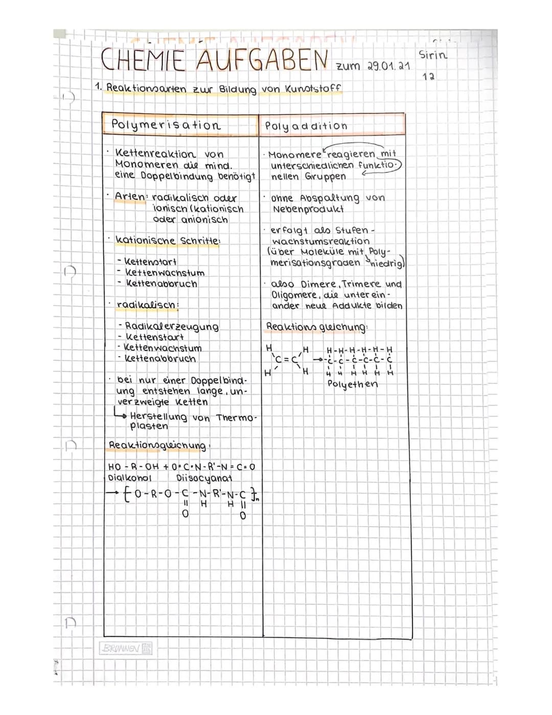 CHEMIE AUFGABEN zum 29.01. 21
12
1. Reaktionsaurten zur Bildung von Kunststoff
Polymerisation
Kettenreaktion von
Monomeren die mind.
eine Do