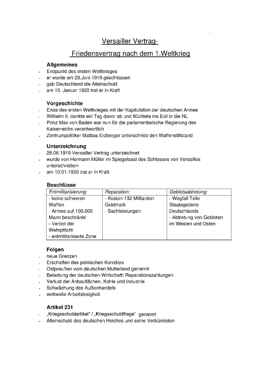PowerPoint und Handout zum Thema Versailler Vertrag 