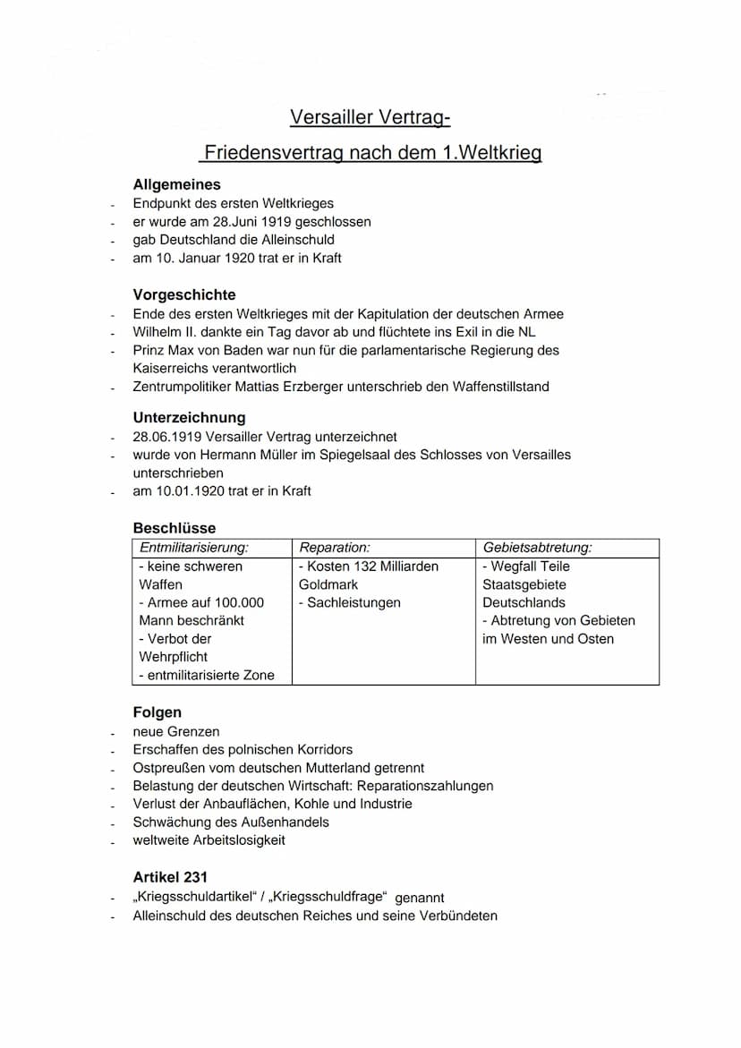 in
Versailler Friedensvertrag
10.01.1920 Versailler Vertrag-
Friedensvertrag nach dem 1. Weltkrieg
Allgemeines
Endpunkt des ersten Weltkrieg
