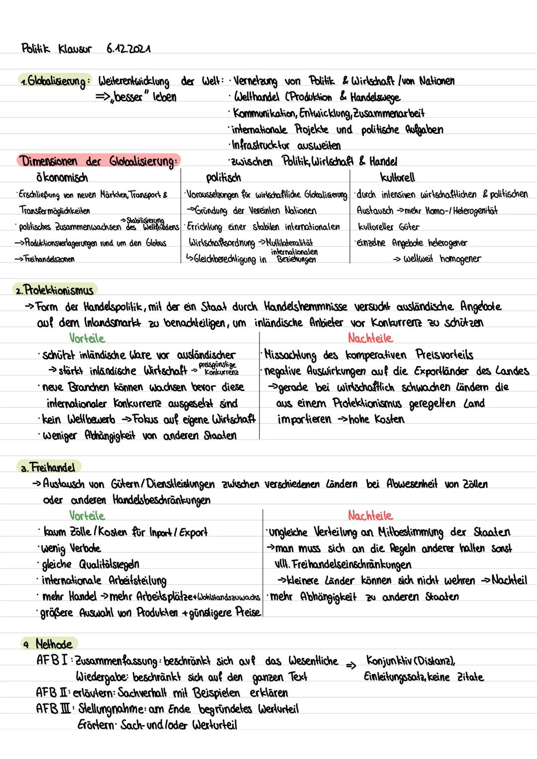 Politik Klausur 6.12.2021
1. Globalisierung: Weiterentwicklung der Welt: Vernetzung von Politik & Wirtschaft / von Nationen
=>besser" leben
