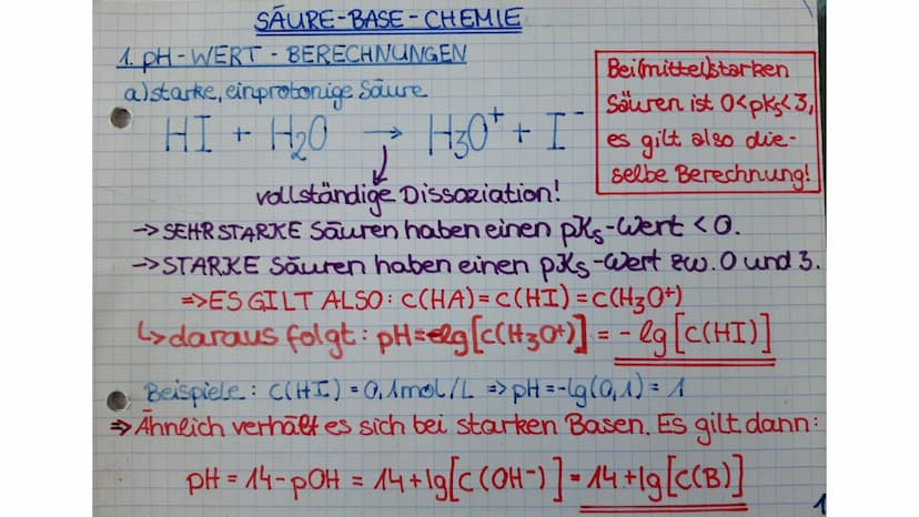 CHEMIE
Abiturvorbereitung:
Säuren und Basen SAURE-BASE-CHEMIE
1. pH-WERT - BERECHNUNGEN
a)starke, einprotonige Säure
HI + H₂O
Beilmittelstar