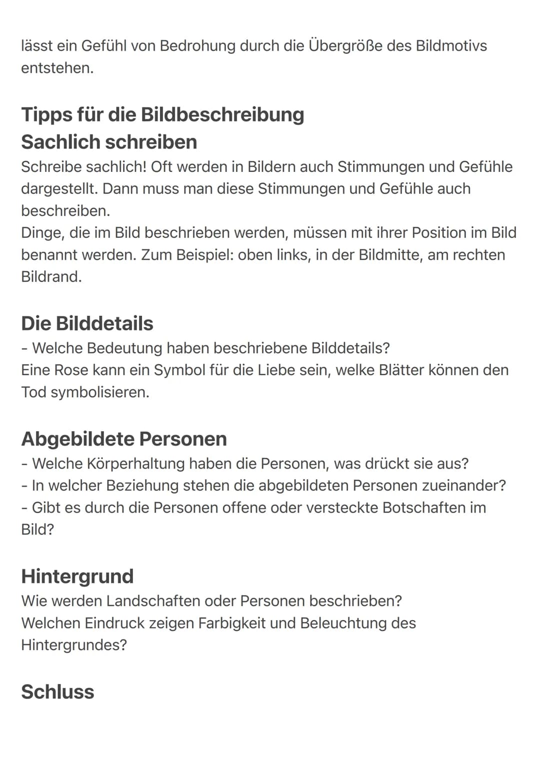 Beispiel Sätze:
Einleitung:
> Das Gemälde/Foto/Zeichnung „Titel" von (Name des Künstlers)
entstand (Datum). Thema des Bildes ist (Thema nenn