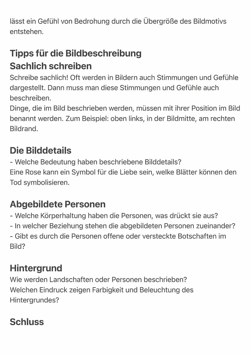 Beispiel Sätze:
Einleitung:
> Das Gemälde/Foto/Zeichnung „Titel" von (Name des Künstlers)
entstand (Datum). Thema des Bildes ist (Thema nenn