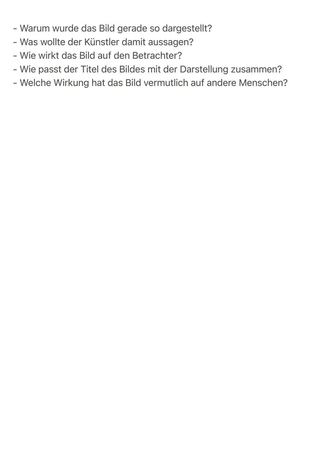Beispiel Sätze:
Einleitung:
> Das Gemälde/Foto/Zeichnung „Titel" von (Name des Künstlers)
entstand (Datum). Thema des Bildes ist (Thema nenn