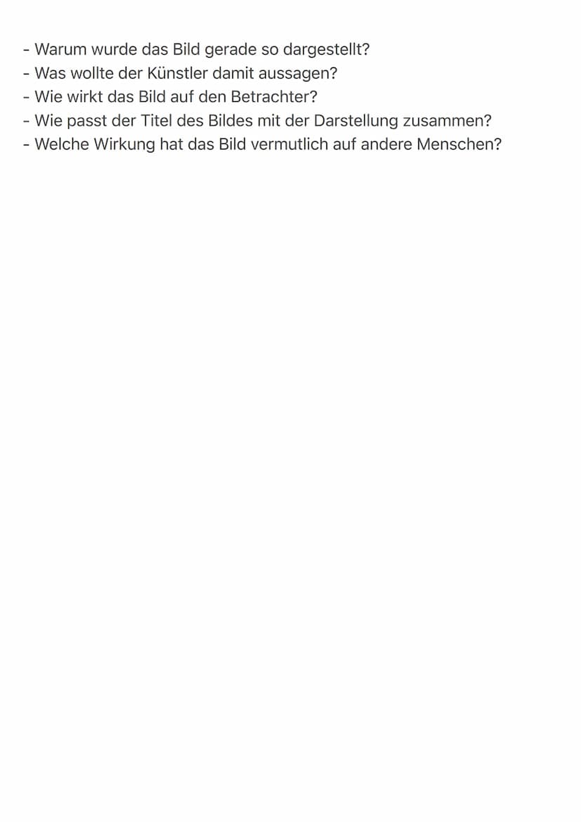 Beispiel Sätze:
Einleitung:
> Das Gemälde/Foto/Zeichnung „Titel" von (Name des Künstlers)
entstand (Datum). Thema des Bildes ist (Thema nenn