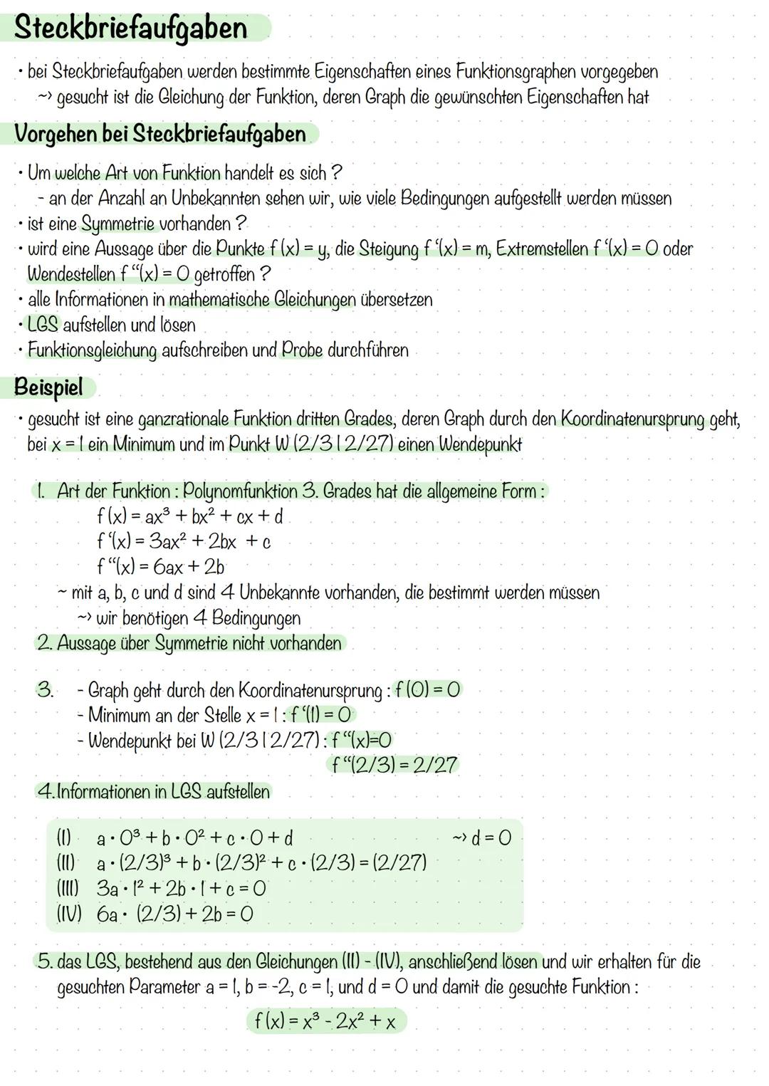 # Steckbriefaufgaben

• bei Steckbriefaufgaben werden bestimmte Eigenschaften eines Funktionsgraphen vorgegeben
~> gesucht ist die Gleichung