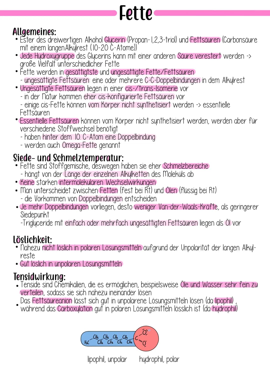 Fette
Allgemeines:
Ester des dreiwertigen Alkohol Glycerin (Propan-1,2,3-triol) und Fettsäuren (Carbonsäure
mit einem langen Alkylrest (10-2