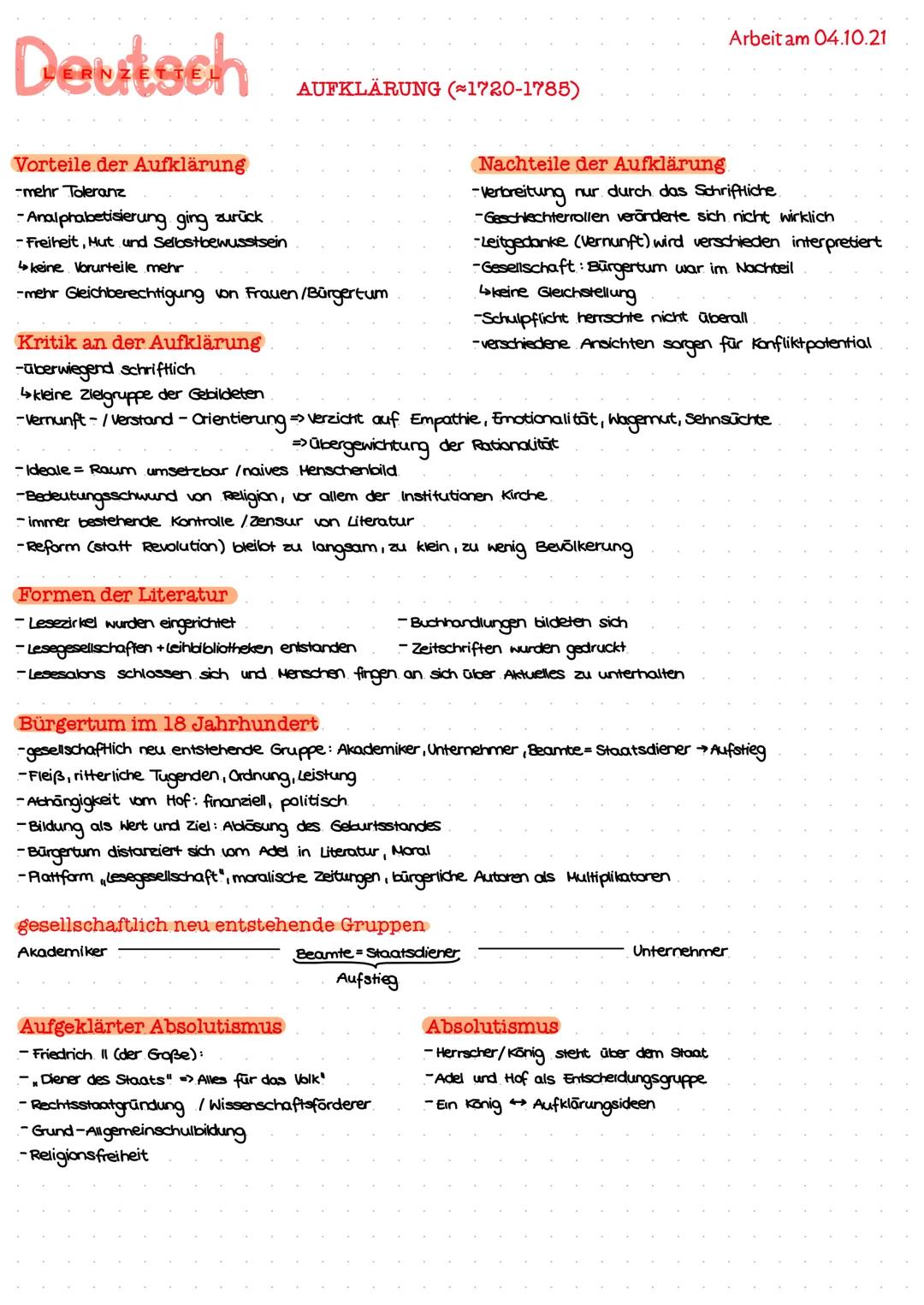 ZETTEL
Was ist Aufklärung?
rationales Denken, eigenes Denken (Denkanstöße)
•Humanismus
*Vernunft
(religiöse) Aufklärung
AUFKLÄRUNG (≈1720-17