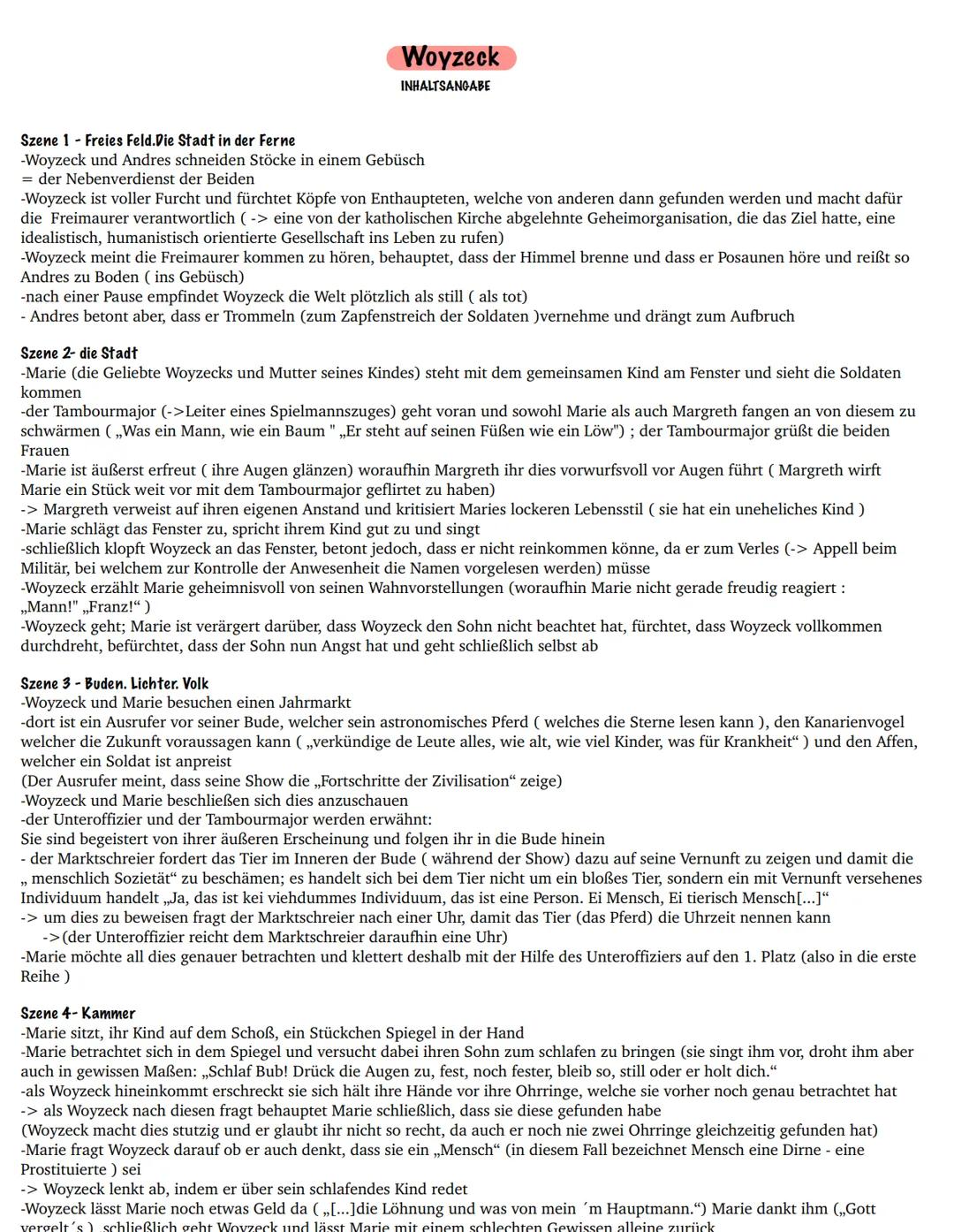 # Woyzeck
INHALTSANGABE

Szene 1 Freies Feld. Die Stadt in der Ferne
-Woyzeck und Andres schneiden Stöcke in einem Gebüsch
= der Nebenverdie