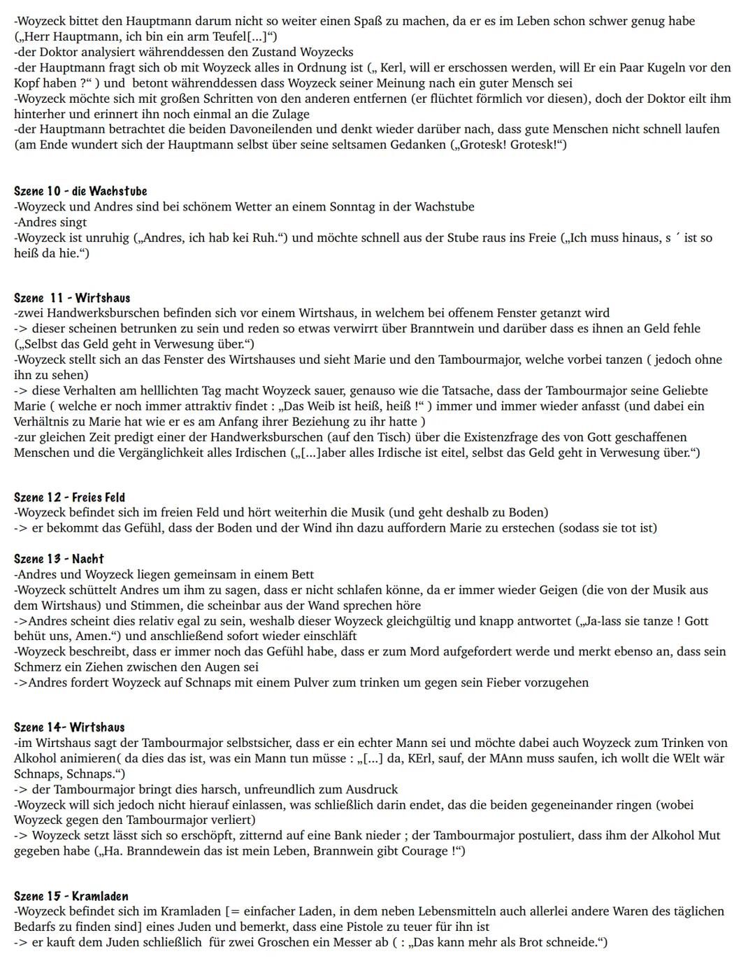 # Woyzeck
INHALTSANGABE

Szene 1 Freies Feld. Die Stadt in der Ferne
-Woyzeck und Andres schneiden Stöcke in einem Gebüsch
= der Nebenverdie