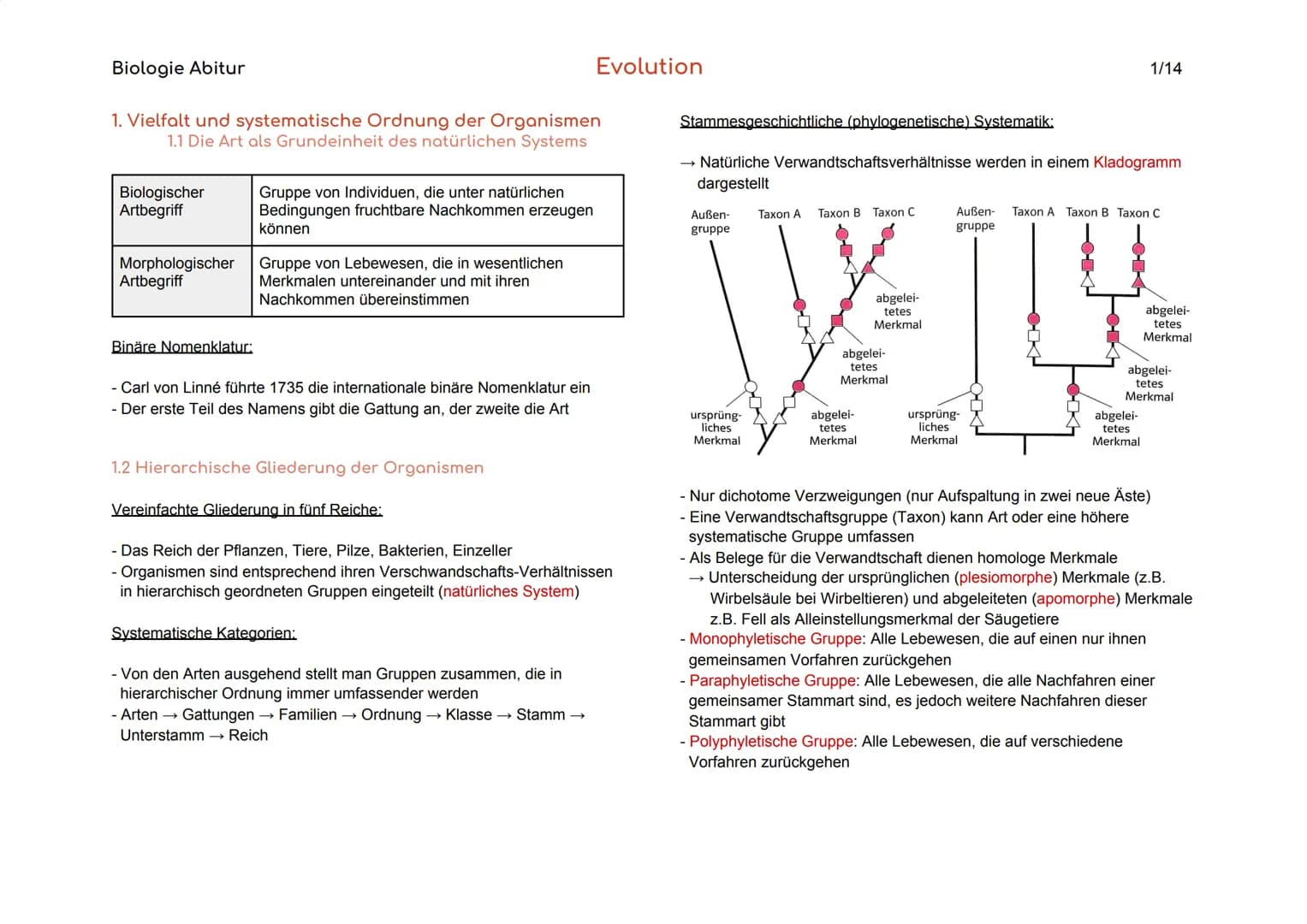 Biologie Abitur
1. Vielfalt und systematische Ordnung der Organismen
1.1 Die Art als Grundeinheit des natürlichen Systems
Biologischer
Artbe