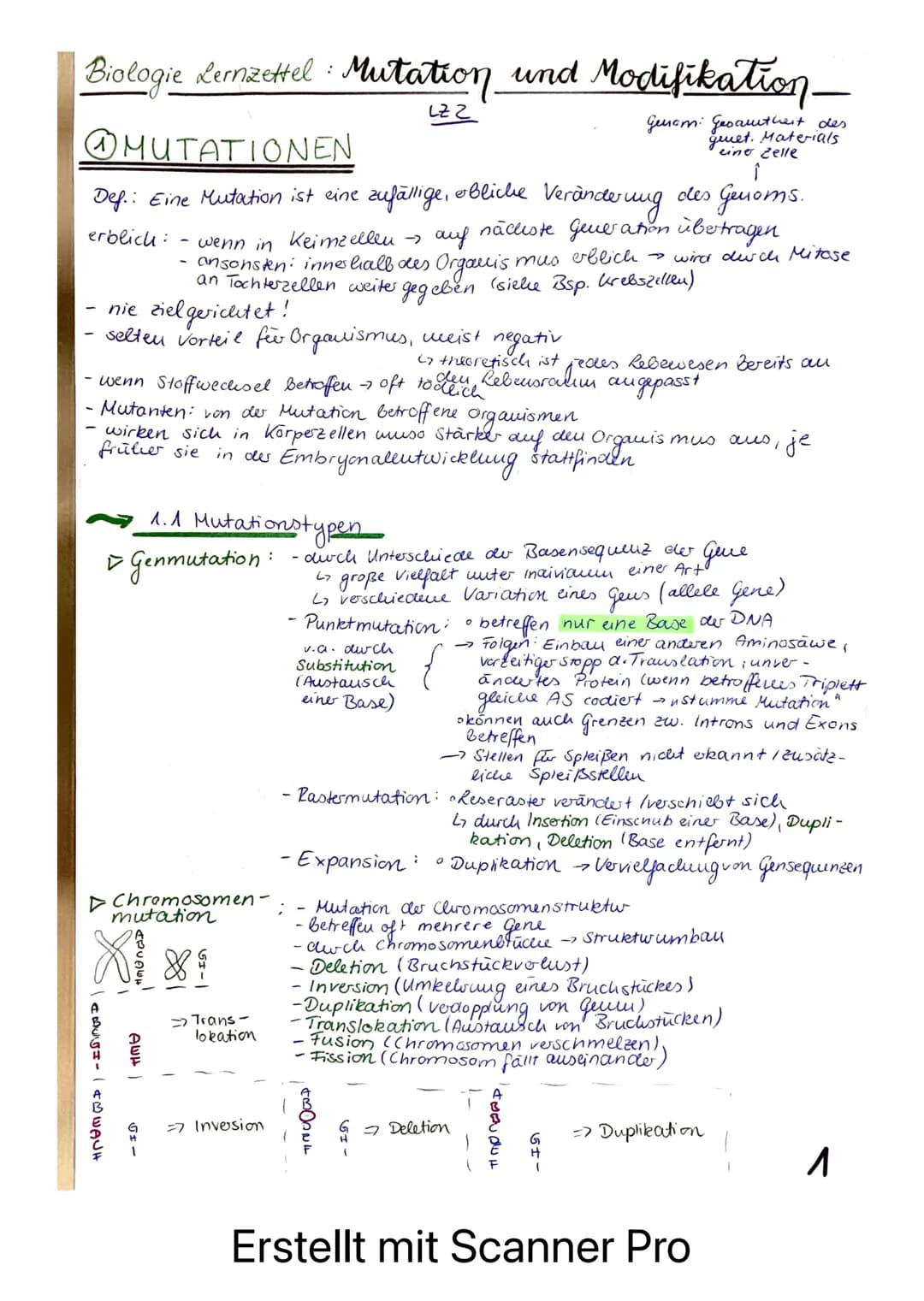 Biologie Lernizettel : Mutation und Modifikation-
LZZ
Genom: Gesamtheit des
guet. Materials
eine Zelle
@MUTATIONEN
Def.: Eine Mutation ist e