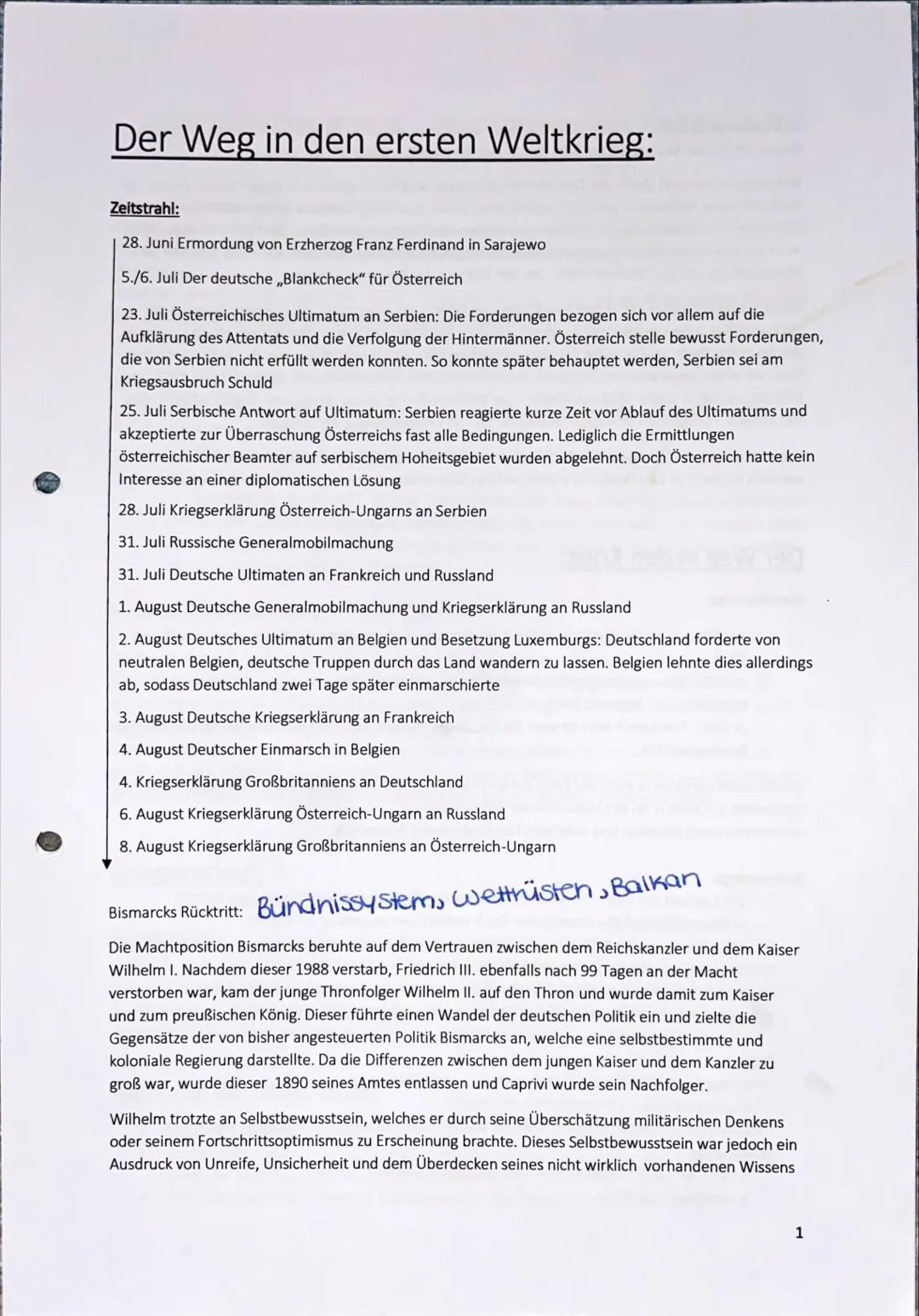 # Der Weg in den ersten Weltkrieg:

Zeitstrahl:

28. Juni Ermordung von Erzherzog Franz Ferdinand in Sarajewo

5./6. Juli Der deutsche „Blan