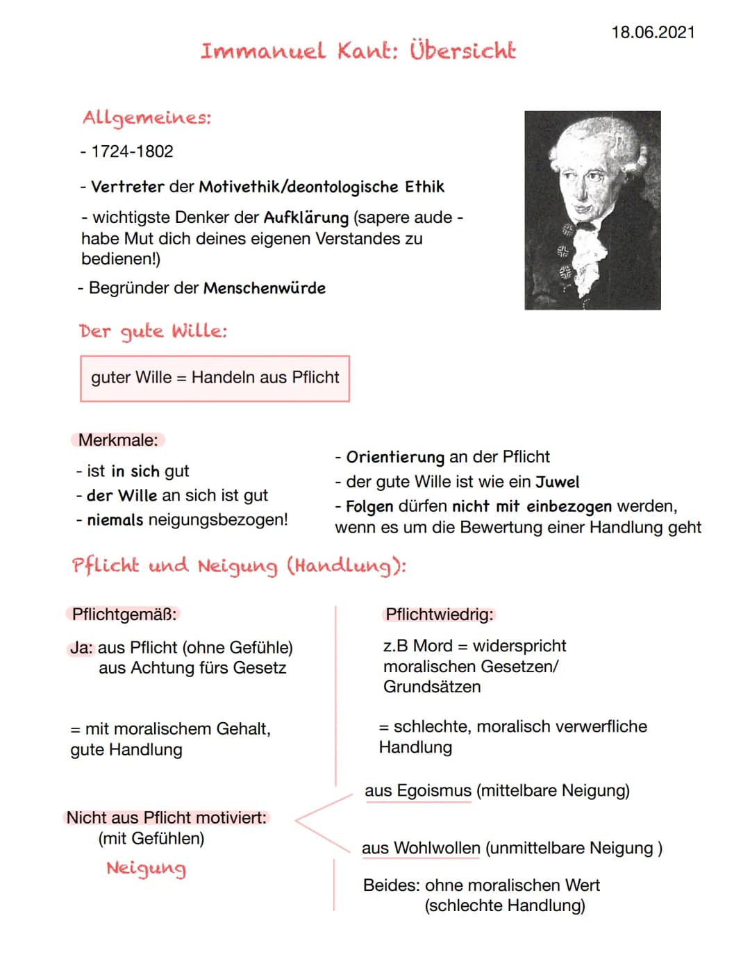 Immanuel Kant: Übersicht
Allgemeines:
- 1724-1802
- Vertreter der Motivethik/deontologische Ethik
- wichtigste Denker der Aufklärung (sapere