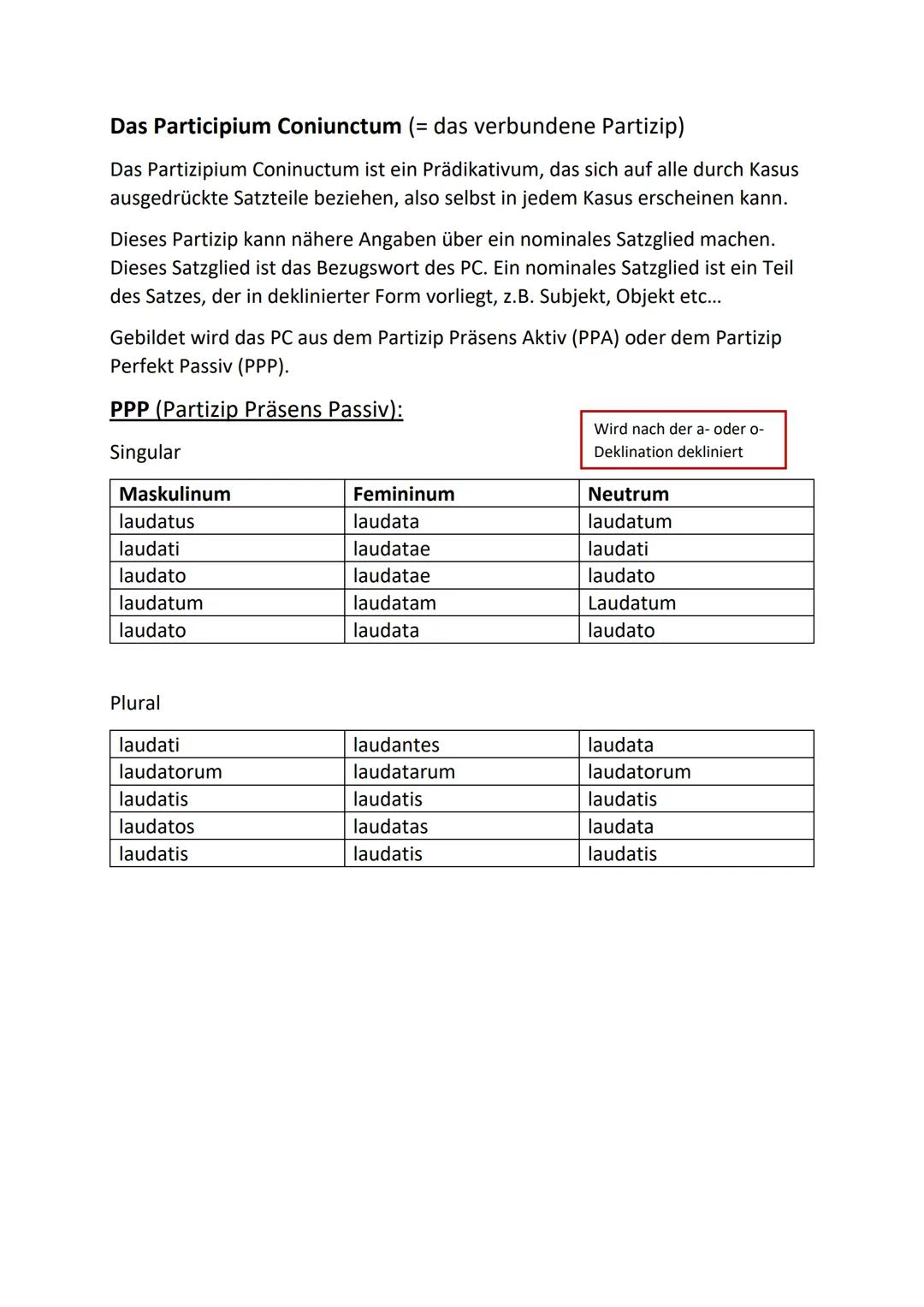Das Participium Coniunctum (= das verbundene Partizip)

Das Partizipium Coninuctum ist ein Prädikativum, das sich auf alle durch Kasus
ausge