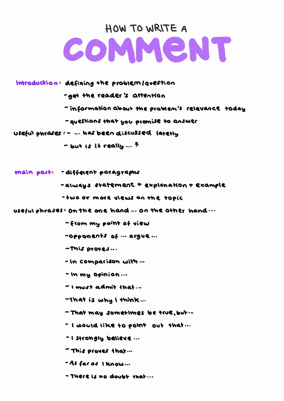 HOW TO WRITE A
COMMENT
Introduction: defining the problem / question
-get the reader's attention
-information about the problem's relevance 