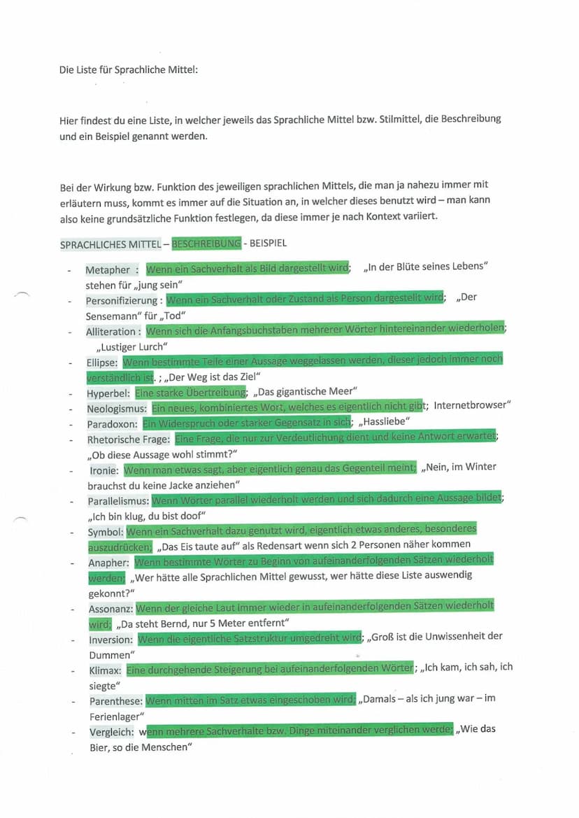 Die Liste für Sprachliche Mittel:
Hier findest du eine Liste, in welcher jeweils das Sprachliche Mittel bzw. Stilmittel, die Beschreibung
un