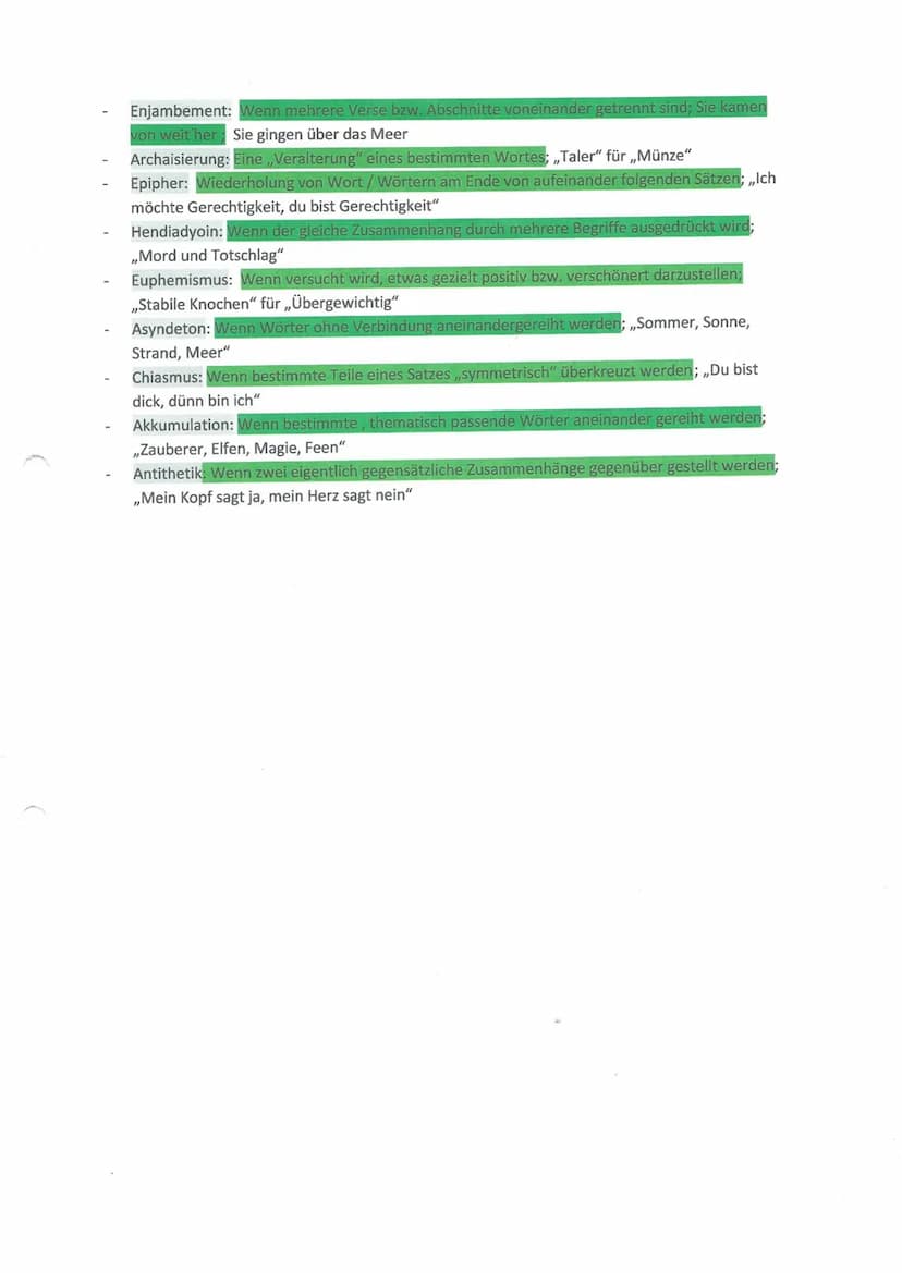 Die Liste für Sprachliche Mittel:
Hier findest du eine Liste, in welcher jeweils das Sprachliche Mittel bzw. Stilmittel, die Beschreibung
un