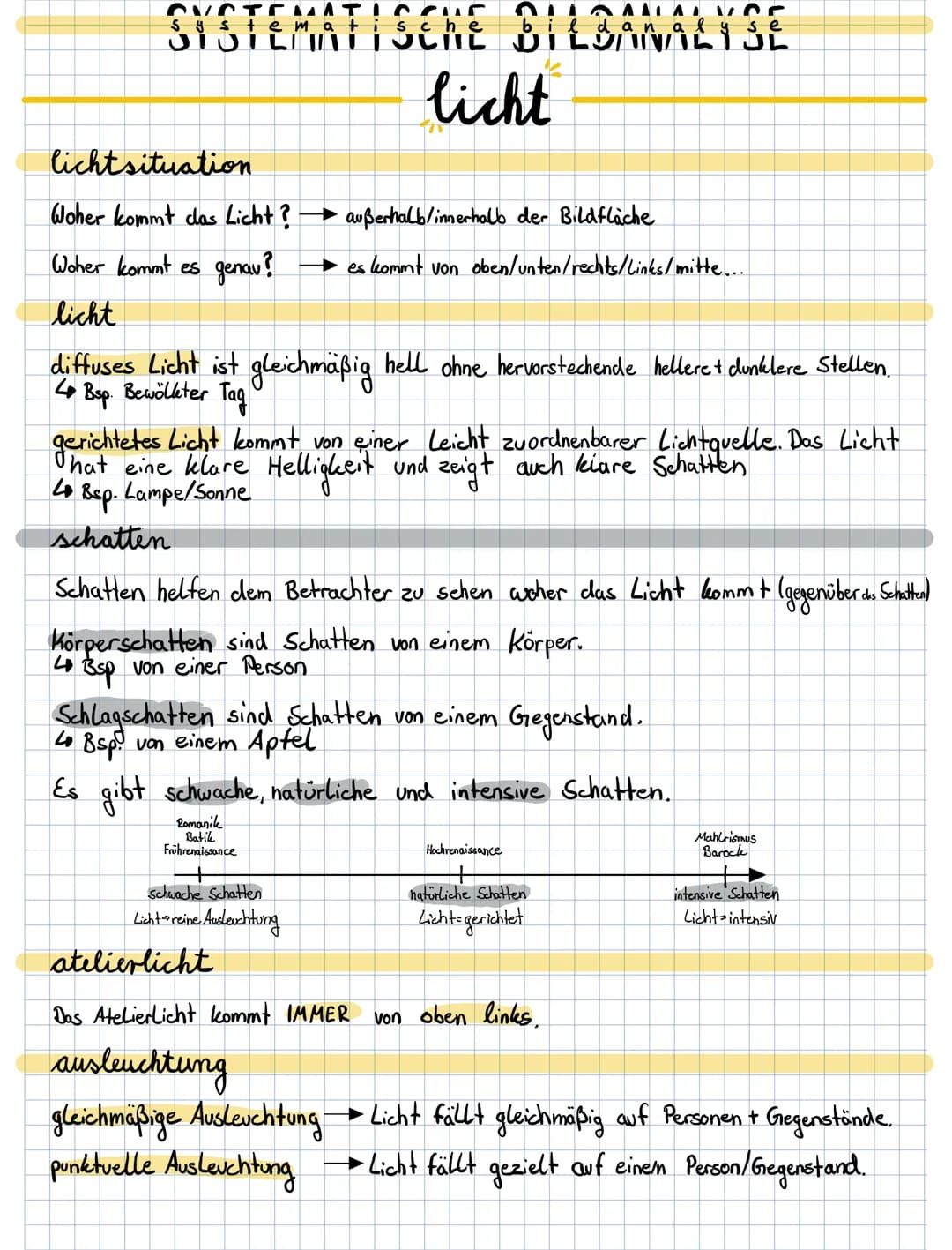 STEMATISCNE BILBANALYSE
licht
Systematis
lichtsituation
Woher kommt das Licht ? →→ außerhalb/innerhalb der Bildfläche
Woher kommt es
genau?
