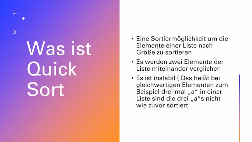 QUICK SORT
Python Algorithmus
Paul Kaschner Info 1
8.1.2020 Sortieralgorithmus:
selection sort +
Was ist
Quick
Sort
●
●
Eine Sortiermöglichk