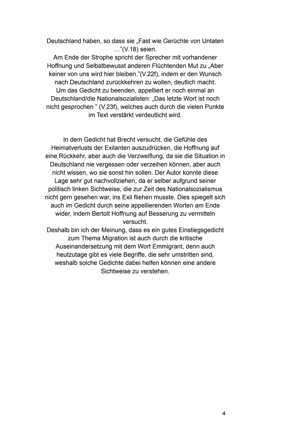 Gedichtinterpretation
Name
„Über die Bezeichnung Emigranten" - Bertolt Brecht
In dem Gedicht ,,Über die Bezeichnung Emigranten" von Bertolt
