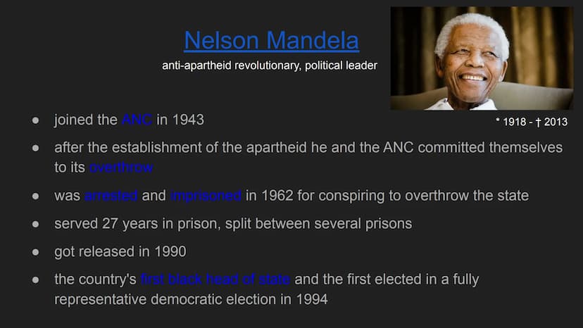 South Africa History of South Africa
Nelson Mandela
Apartheid
Amy Biehl
Sources Video about the South African History:
https://www.youtube.c