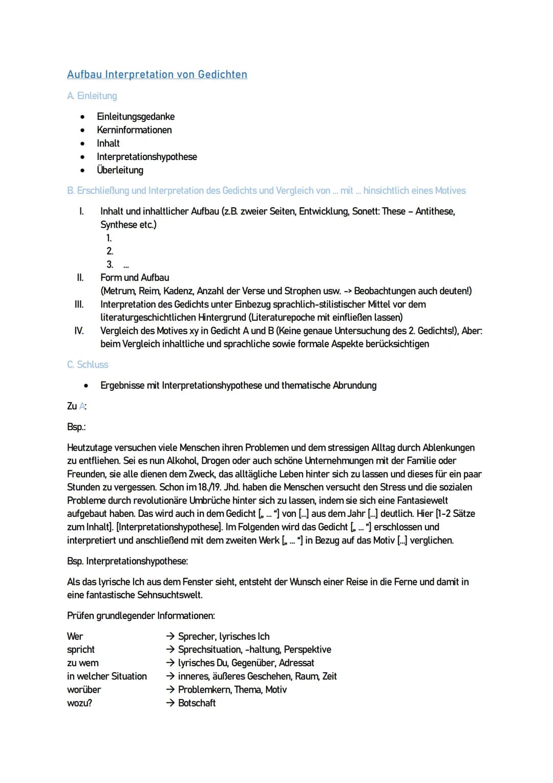 Aufbau Interpretation von Gedichten
A. Einleitung
Einleitungsgedanke
● Kerninformationen
●
●
●
Überleitung
B. Erschließung und Interpretatio