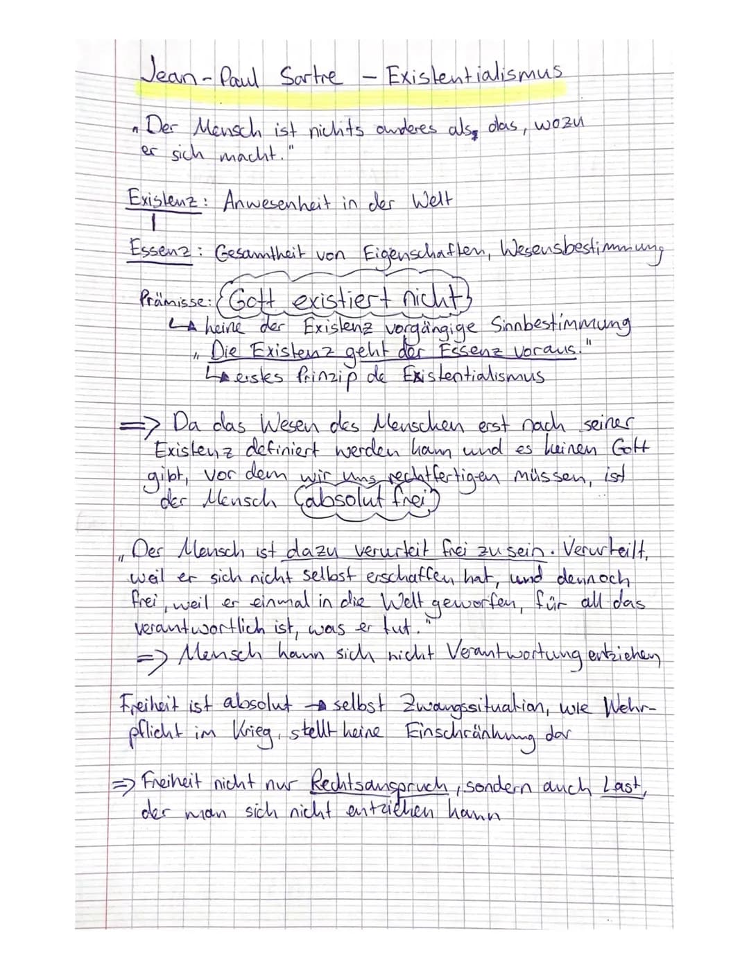 Jean-Paul Sartre - Existentialismus.
" Der Mensch ist nichts anderes als das, wozu
er sich macht."
Existenz: Anwesenheit in der Welt
Essenz: