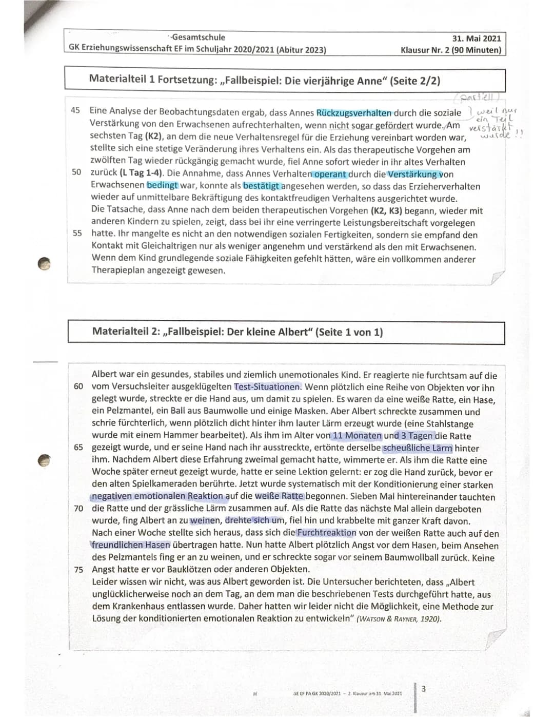 Gesamtschule
GK Erziehungswissenschaft EF im Schuljahr 2020/2021 (Abitur 2023)
40
20
Thema:
Klassisches und operantes Konditionieren - Fallb