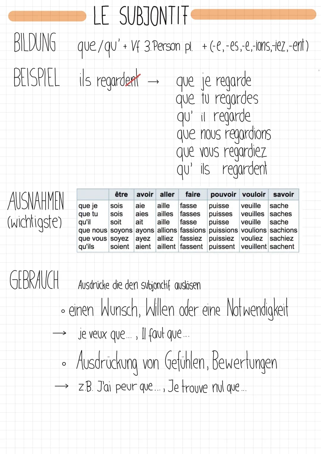 LE SUBJONTIF
BILDUNG que / qu' + Vf 3. Person pl. + (-e, -es,-e,-ions, -jez, -ent)
BEISPIEL
ils regardent
que je regarde
que tu regardes
qu'