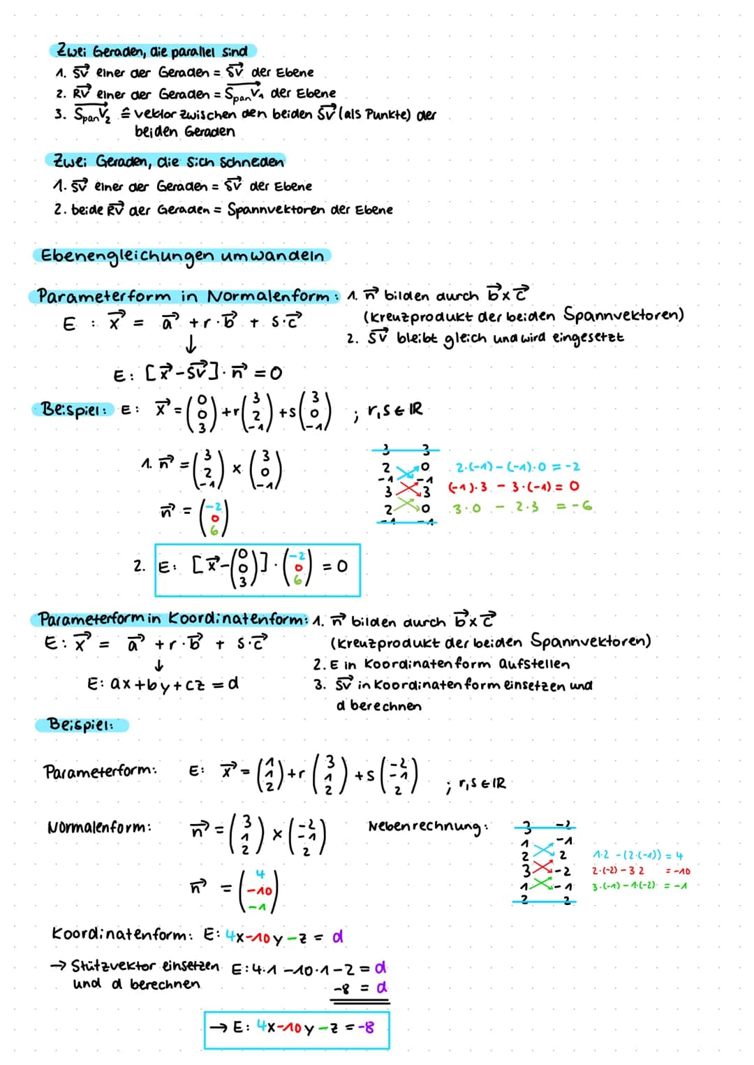 Parameterform: EX² =
mit rund sER
AC
Ebenen
SV + r Span V₁ + S. Span Vz
+ S. AC
C
E : X² = A +r AB
E: =
a +r·b² + 5.2²
Ebene E
Normalen form