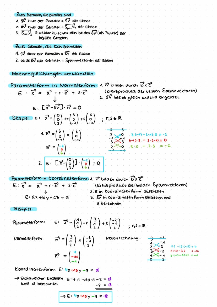 Parameterform: EX² =
mit rund sER
AC
Ebenen
SV + r Span V₁ + S. Span Vz
+ S. AC
C
E : X² = A +r AB
E: =
a +r·b² + 5.2²
Ebene E
Normalen form