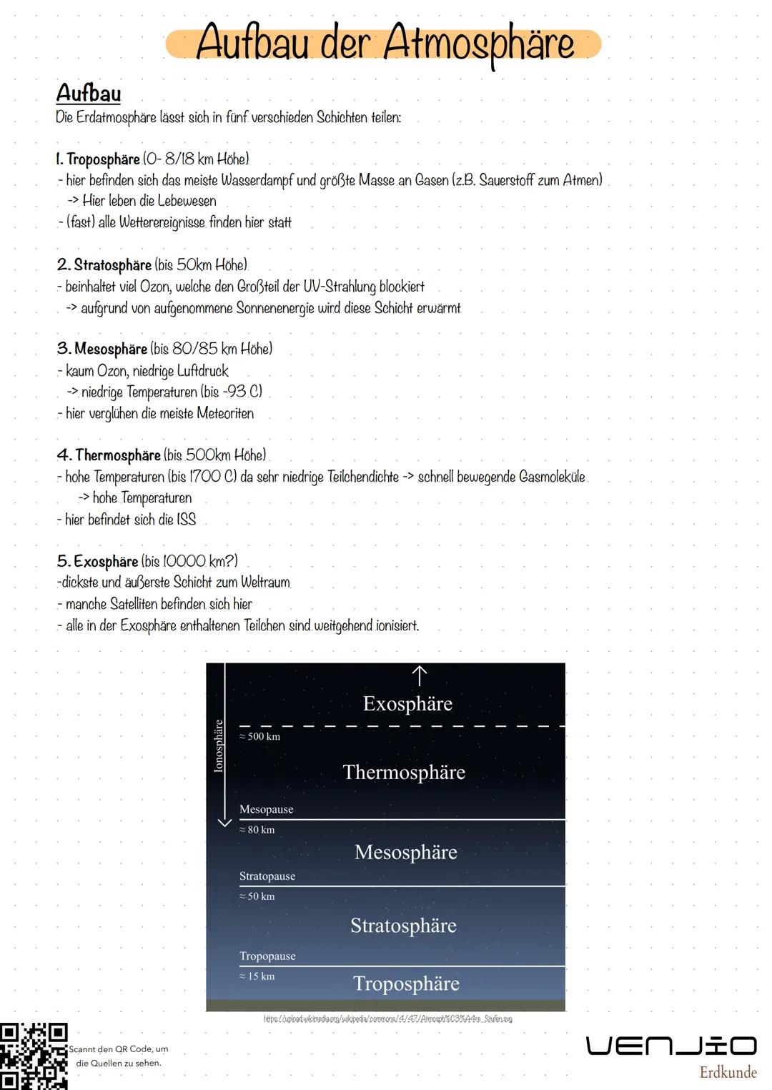 # Aufbau der Atmosphäre

Aufbau
Die Erdatmosphäre lässt sich in fünf verschieden Schichten teilen:

1. Troposphäre (0-8/18 km Höhe)
- hier b