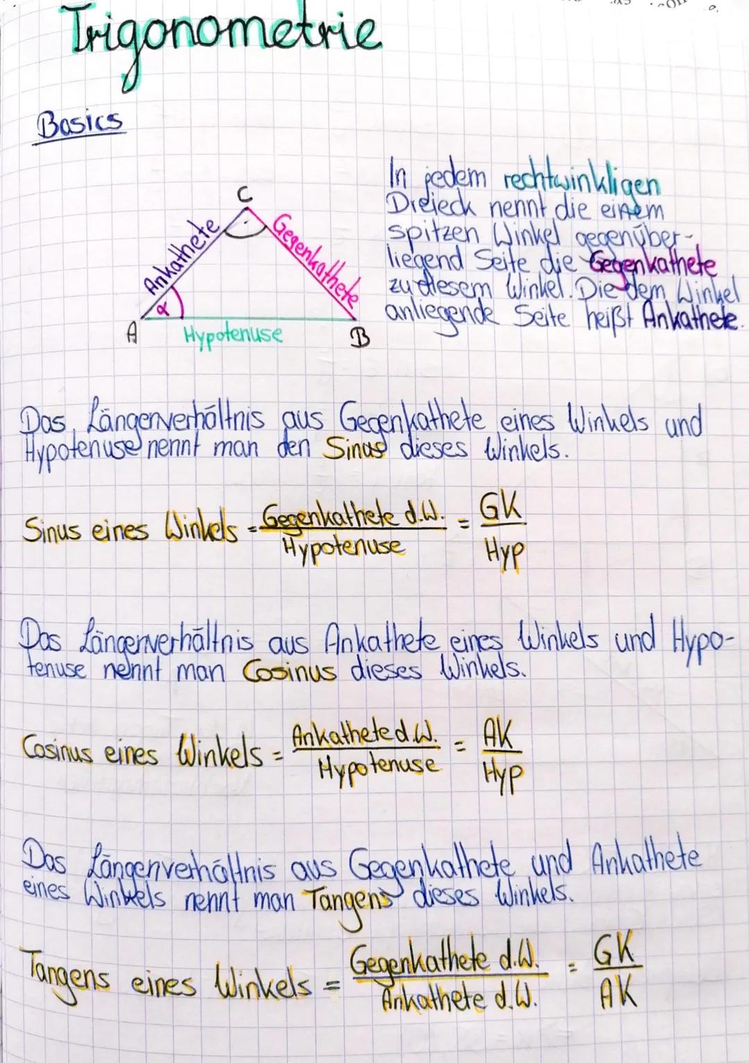 # Trigonometrie

Basics

0

Ankathete

A

C

Gegenkathete

Hypotenuse

B

In pedem rechtwinkligen
Dreieck nennt die einem
spitzen Winkel geg