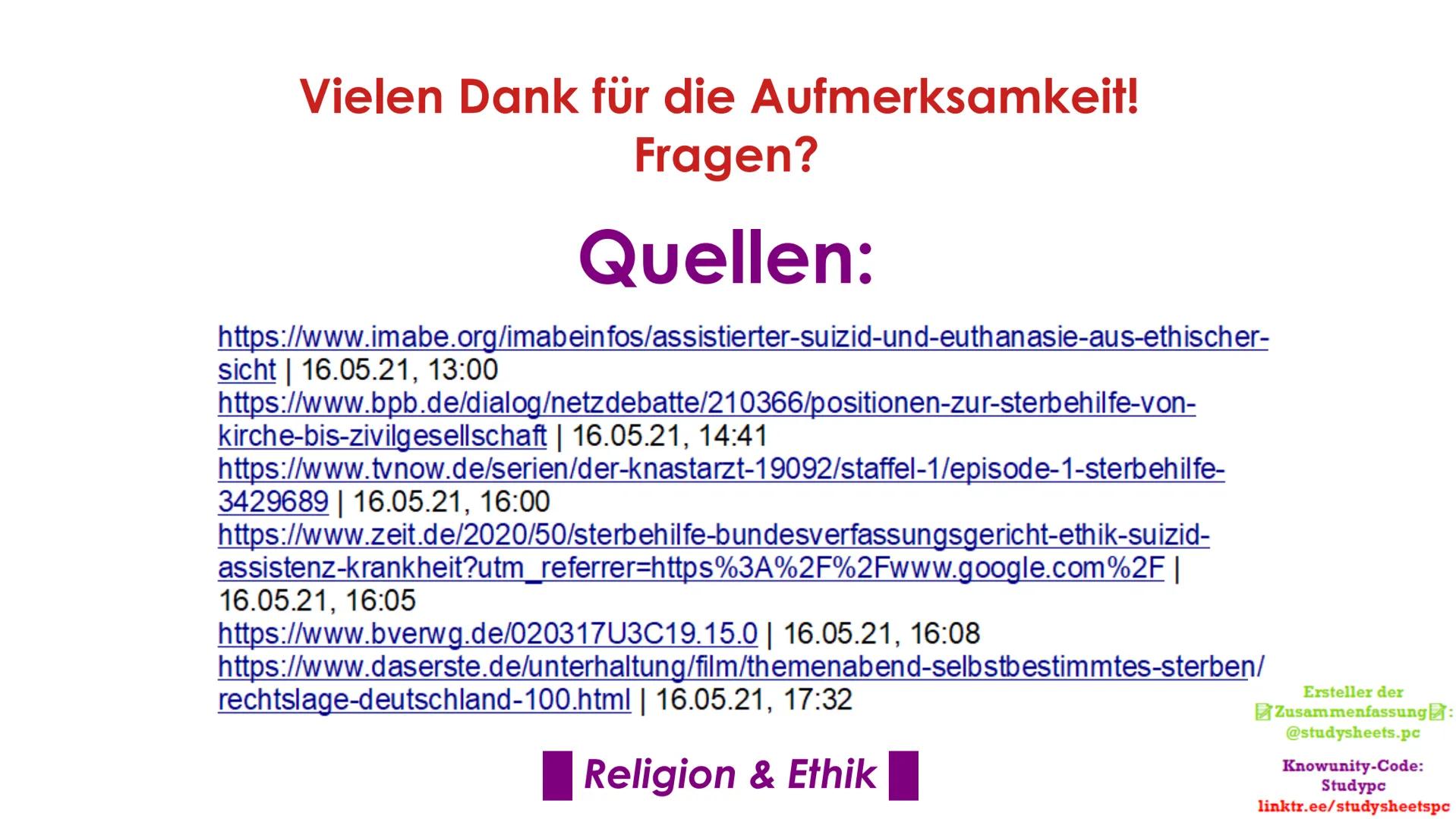 Sterbehilfe
Das große ethische Problem
Ersteller der
Zusammenfassung:
@studysheets.pc
Knowunity-Code:
Studypc
linktr.ee/studysheetspc Sterbe