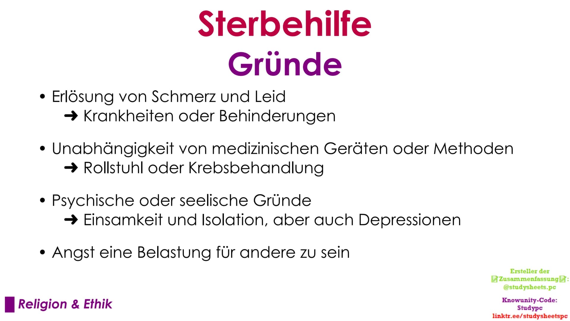 Sterbehilfe
Das große ethische Problem
Ersteller der
Zusammenfassung:
@studysheets.pc
Knowunity-Code:
Studypc
linktr.ee/studysheetspc Sterbe