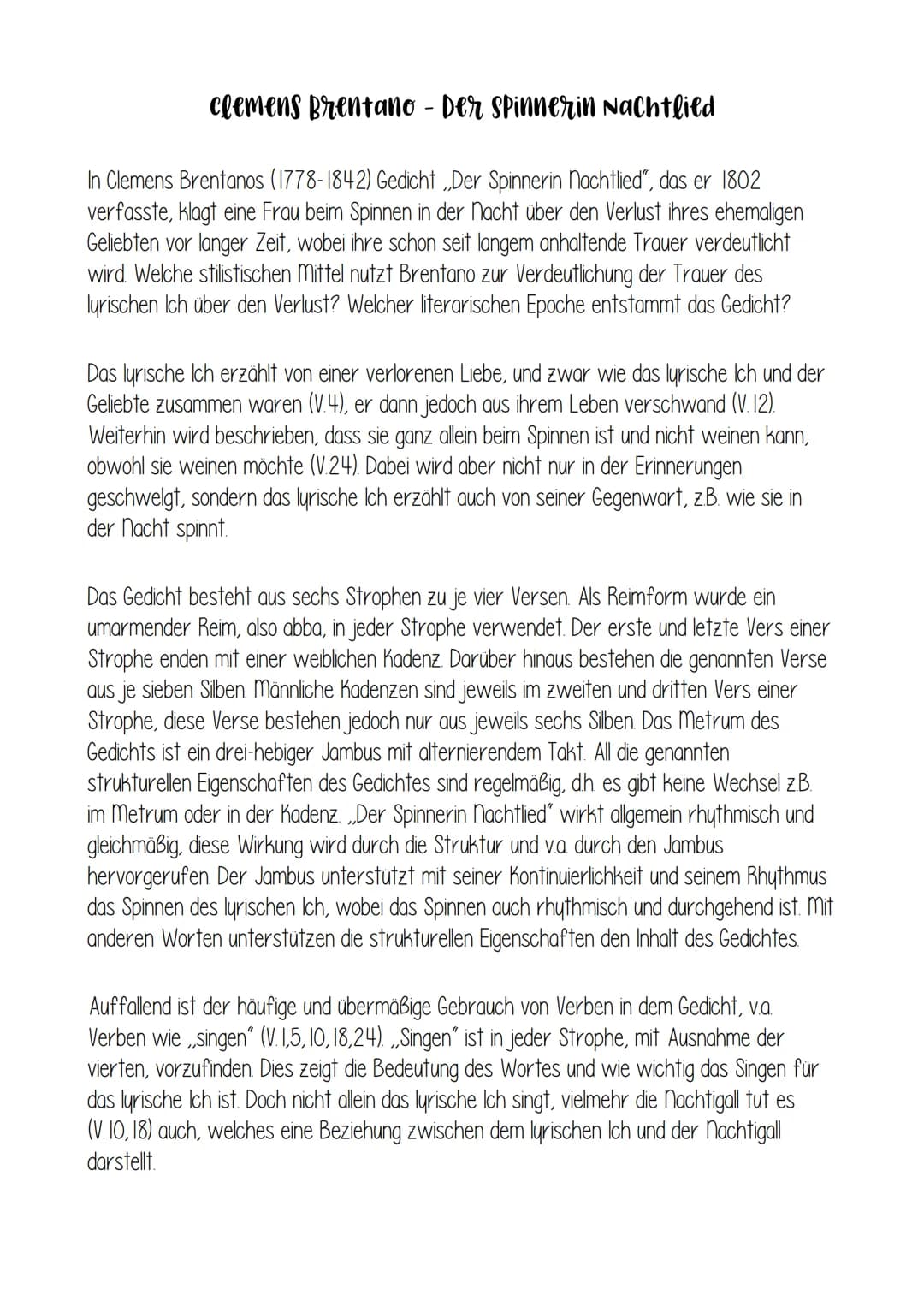 Der Spinnerin Nachtlied
ALLGEMEINES:
- Gedicht von Clemens Brentano
- erschien im Jahr 1802
ist in der Epoche der Romantik entstanden (Heide