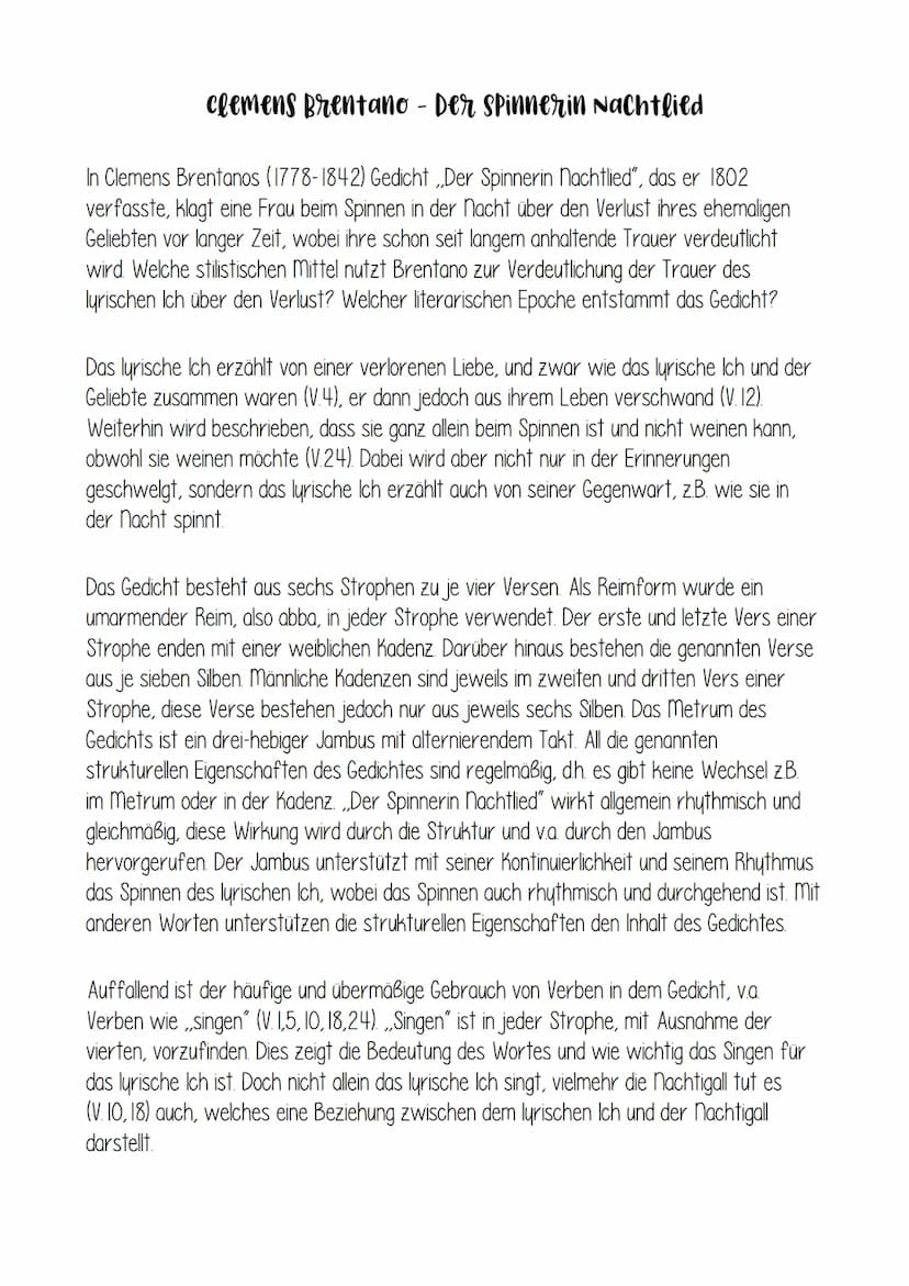Der Spinnerin Nachtlied
ALLGEMEINES:
- Gedicht von Clemens Brentano
- erschien im Jahr 1802
ist in der Epoche der Romantik entstanden (Heide