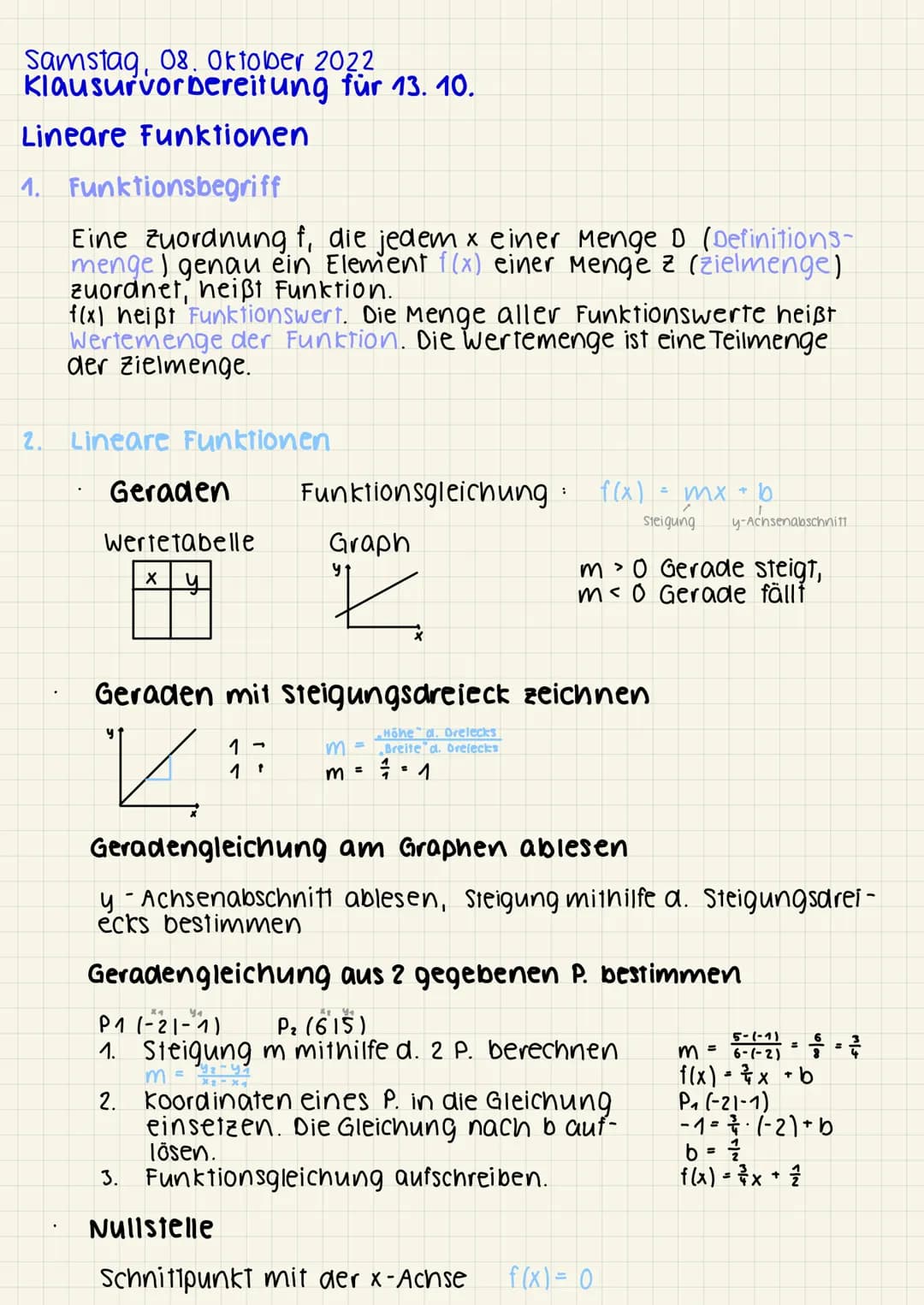 Samstag, 08. Oktober 2022
Klausurvorbereitung für 13. 10.
Lineare Funktionen
1. Funktionsbegriff
Eine Zuordnung f, die jedem x einer Menge D
