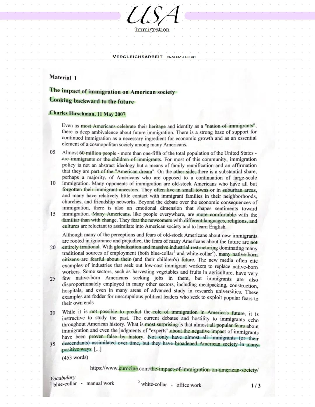 05
Material 1
The impact of immigration on American society
Looking backward to the future
Charles Hirschman, 11 May 2007
10
15
25
USA
Immig