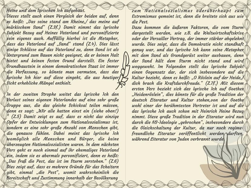 Heine und dem lyrischen Ich aufgebaut.
Dieses stellt auch einen Vergleich der beiden auf, denn
es heißt: „Das seine stand am Rheine,/ das me