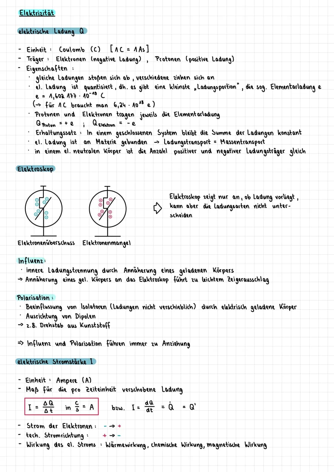 Elektrizität
elektrische Ladung Q
Einheit: Coulomb (C) [^C = MAS]
Träger Elektronen (negative Ladung), Protonen (positive Ladung)
:
Eigensch