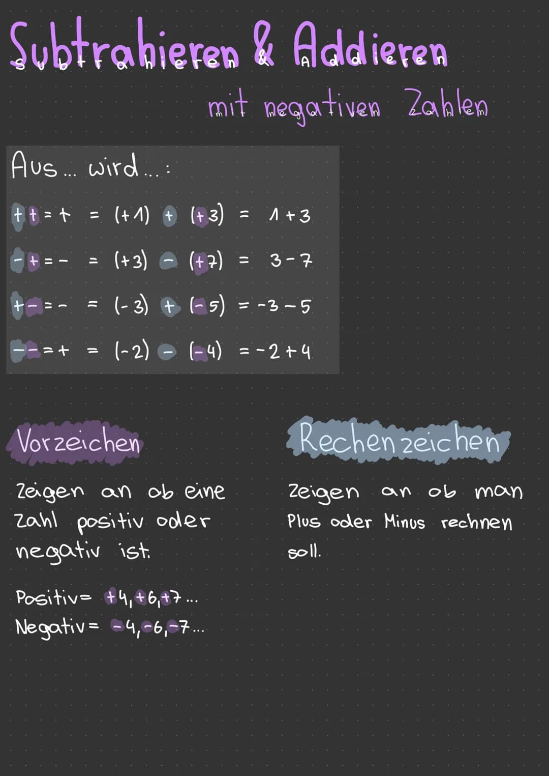 Zahlenstrahl
+ negativen Zahlen
Negative Zahlen (2.B.-4) stehen links von der 0.
Positive Zahlen (2.B.+4) stehen rechts von der 0.
Je weiter